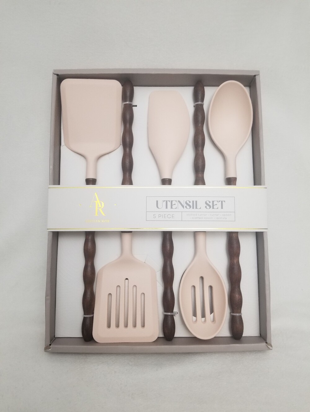 Artisan Blush Pink Silicone & Dark Wood 5-Piece Utensil Set
